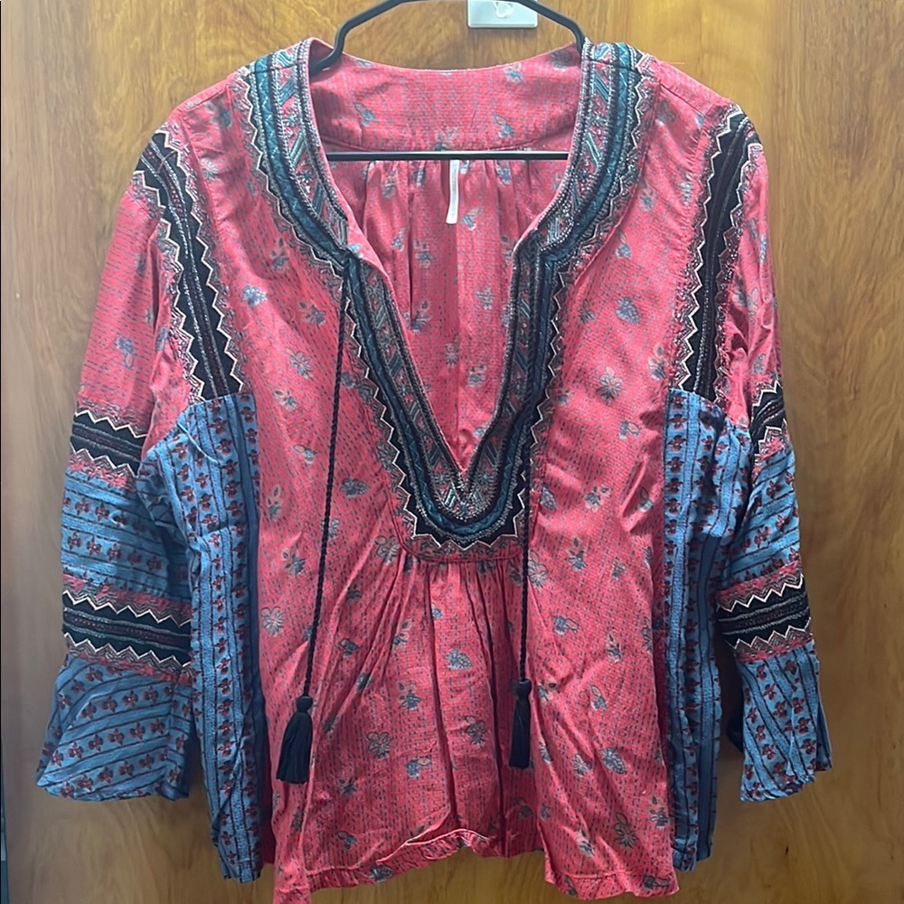 Free People Pink and Blue Embellished Blouse with 3/4 Sleeves